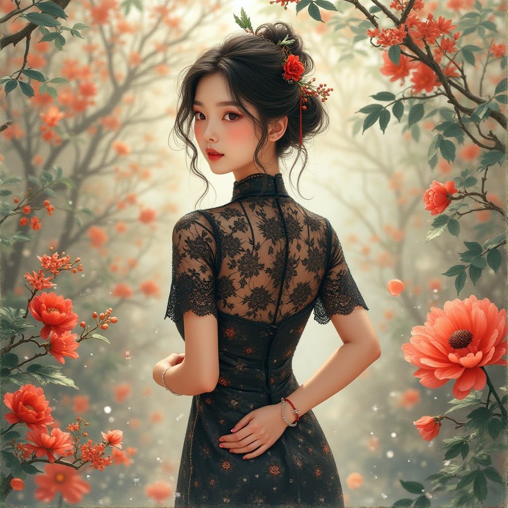 Elegant Asian Lady in Cheongsam, Watercolor Style