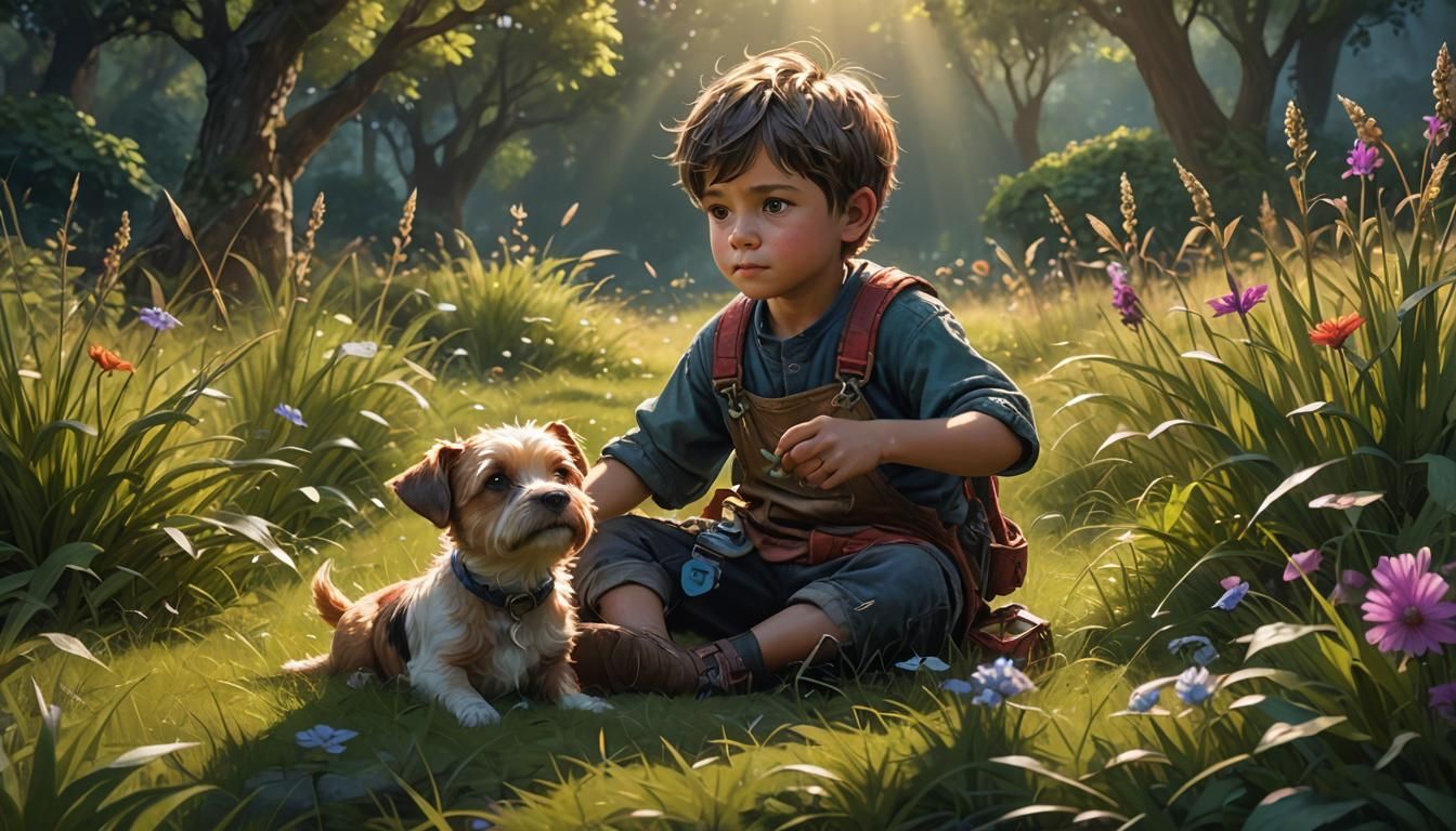 Boy and Dog in Sunlit Meadow, Fantasy Art