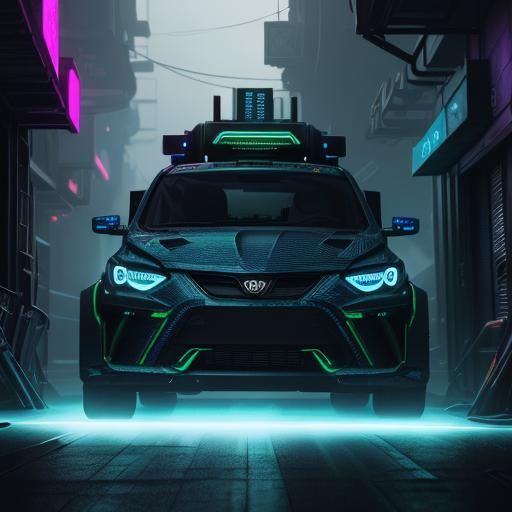 Cyberpunk Car in Futuristic City Alleyway