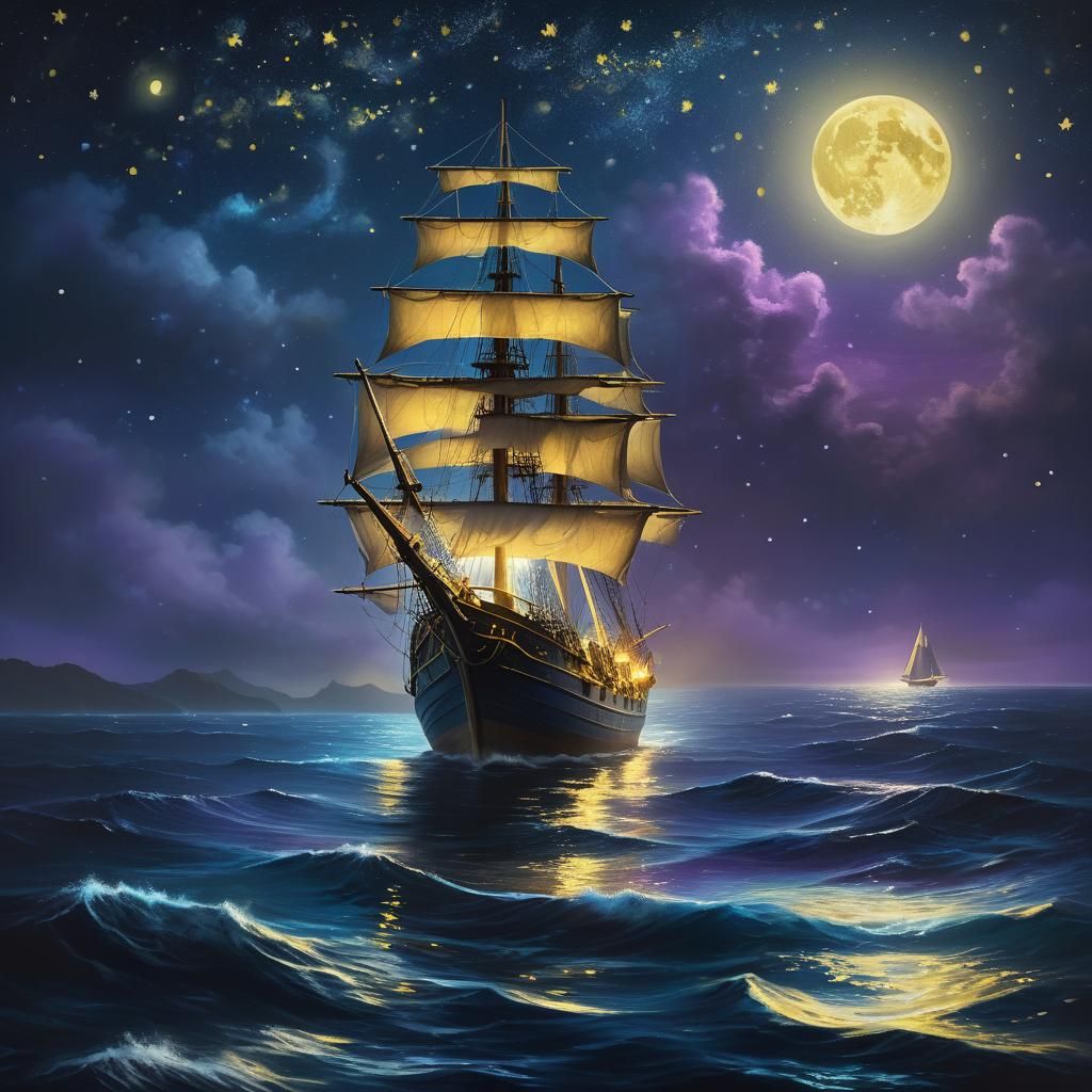 Mystical Ocean Voyage Under Starry Night Sky