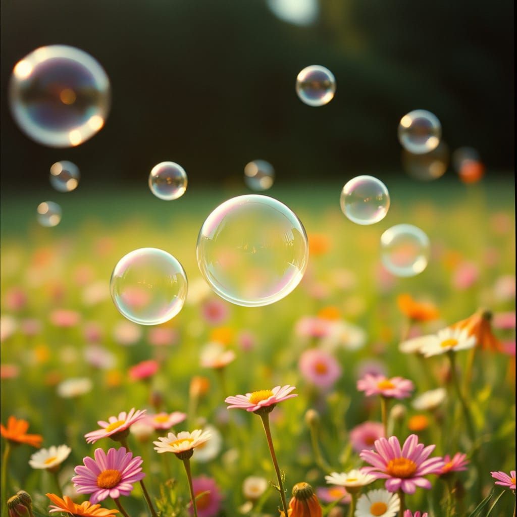 Soap Bubbles Float on Flowery Meadow