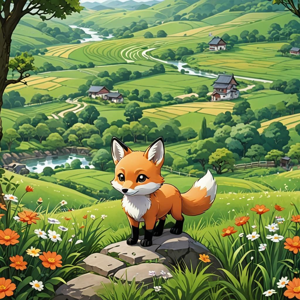 Chibi Fox in Scenic Countryside, Anime Illustration