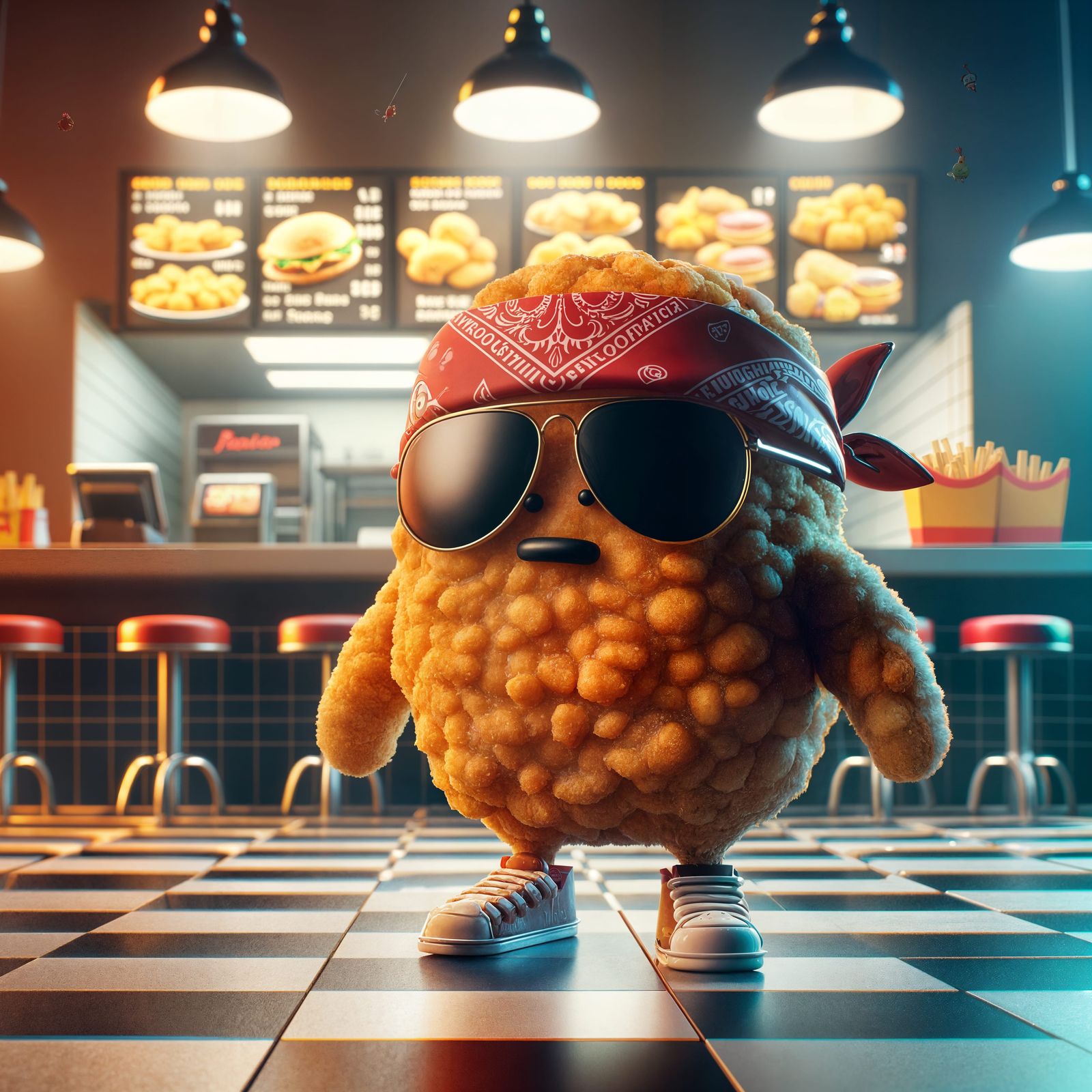Thug Chicken Nugget in Fast Food Restaurant: 3D Animation