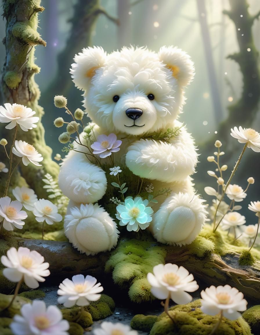 Pastel Teddy Bears in Dreamlike Flower Garden