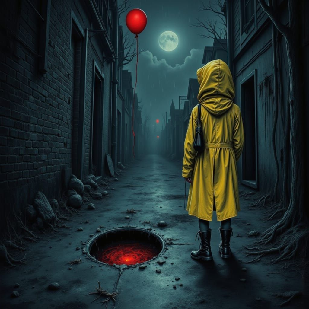 Coraline with Red Balloon by Sewer in Dark, Rainy Style