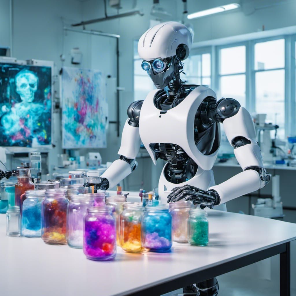 Iridescent Robot Artists Painting in Laboratory