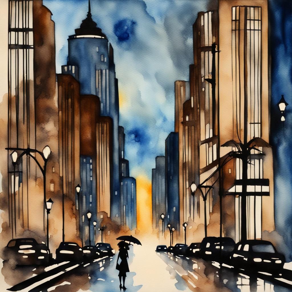 Art Deco Silhouette Sunset on City Block