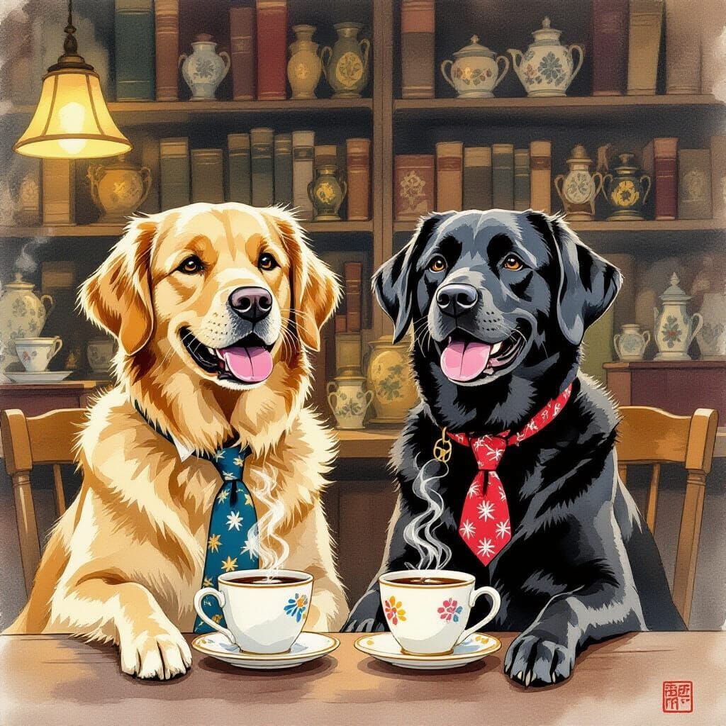 Dogs Enjoy Coffee in Whimsical Antique Shop