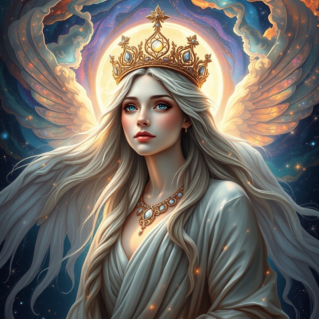 Celestial Goddess with Woven Starlight Robes and Cosmic Eyes