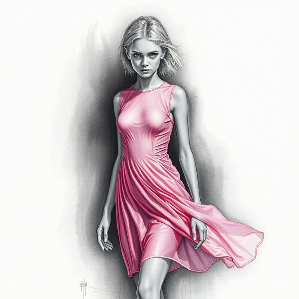 Teenager in Living Skin Dress, Charcoal Drawing