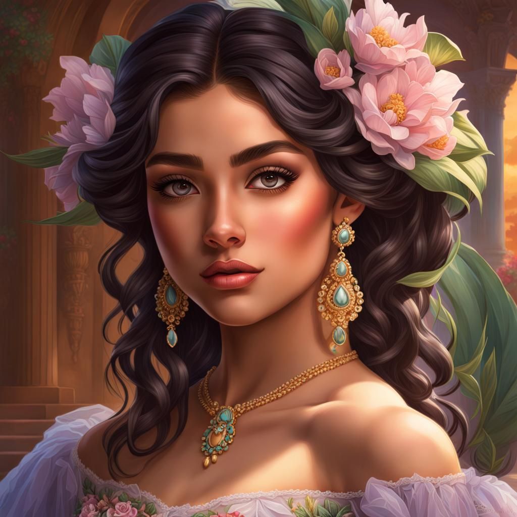 Teenage Girl in Floral Tulle Gown, Ethereal Portrait