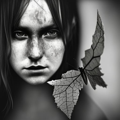 Monochrome Fairy Portrait with Butterfly Wings