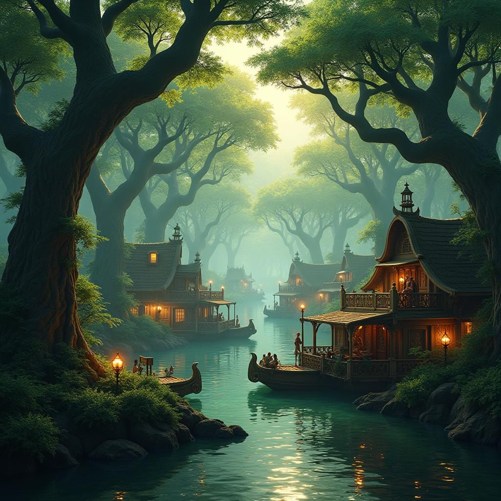 Mystical Swamp Houseboat Village in Fantasy Style
