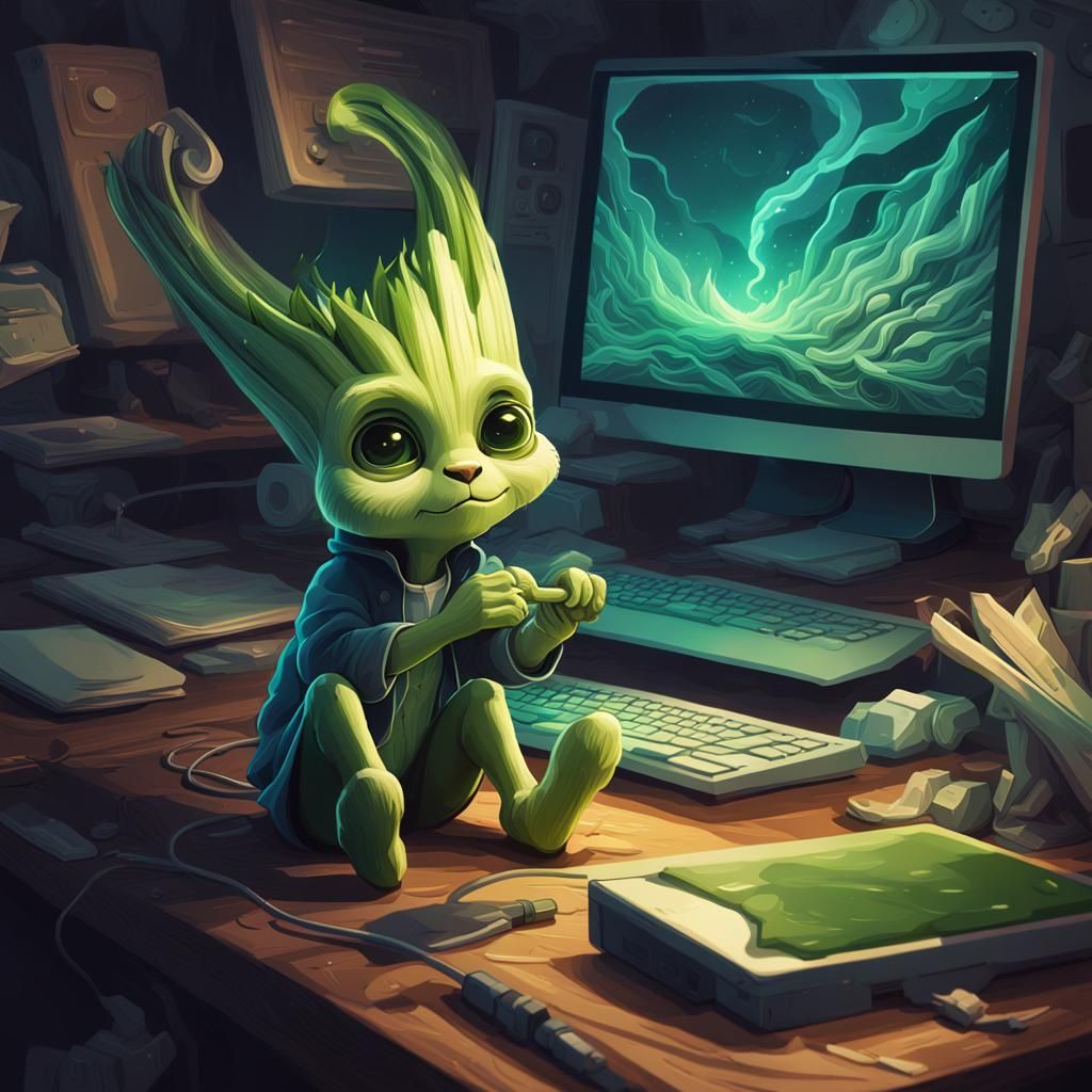 stunning image of a cute adorable leek sitting at a computer, moody, grainy, noisy, concept art, by Alberto Seveso, Cyri...