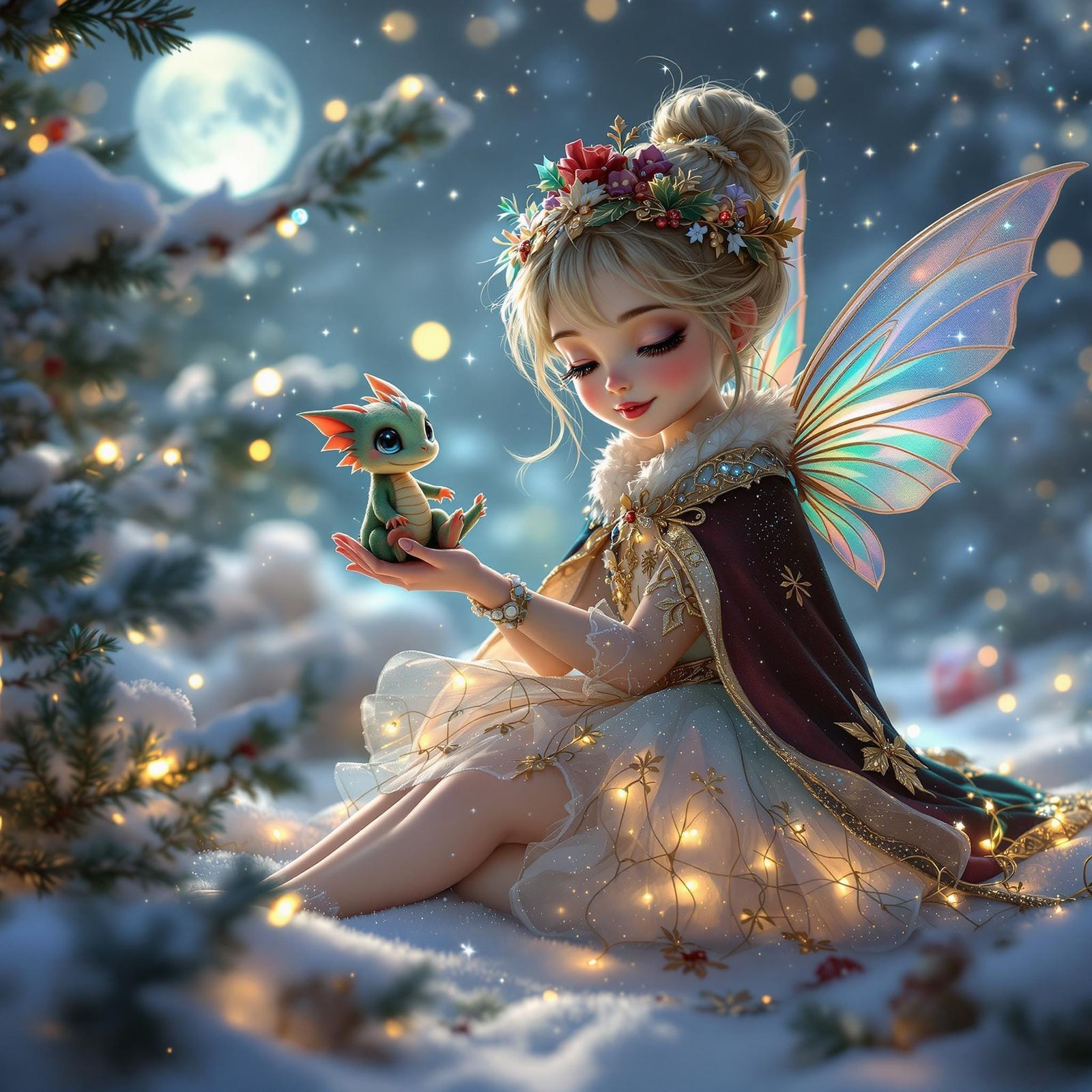 Christmas Fairy Tenderly Holds Baby Dragon in Snowy Winter W...