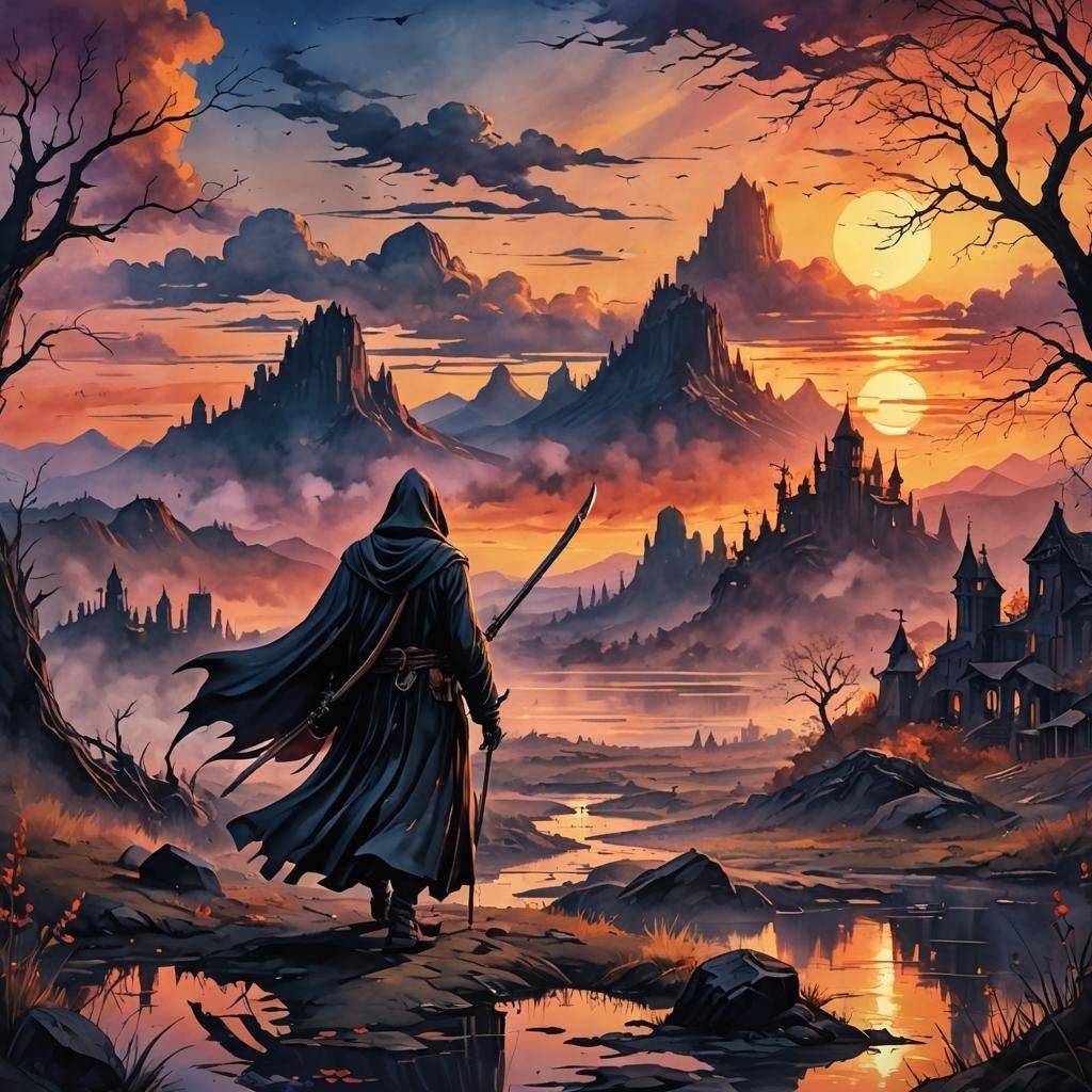 Grim Reaper at Sunset: Vintage Watercolor Painting