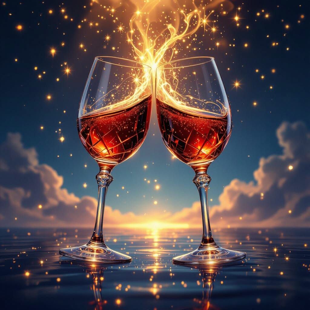 Ornate Wine Glasses Collide in Ethereal Golden Aura