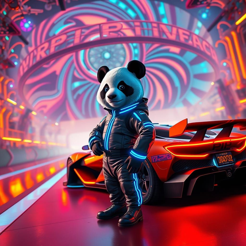 Panda Driver Dominates Futuristic Racetrack
