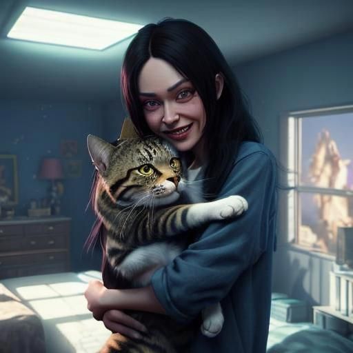 Girl Hugging Cat in Messy Room: 3D Digital Art