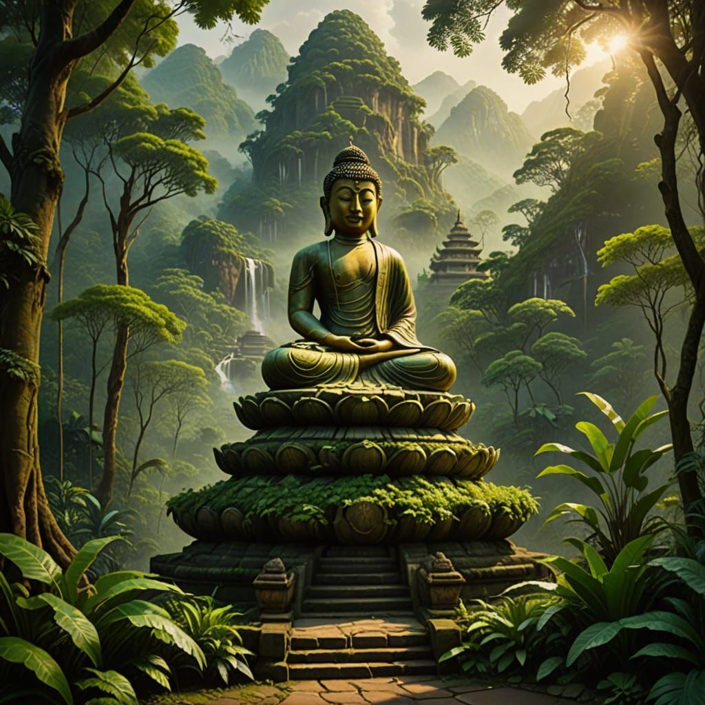 Serene Buddha Statue in Majestic Jungle Temple
