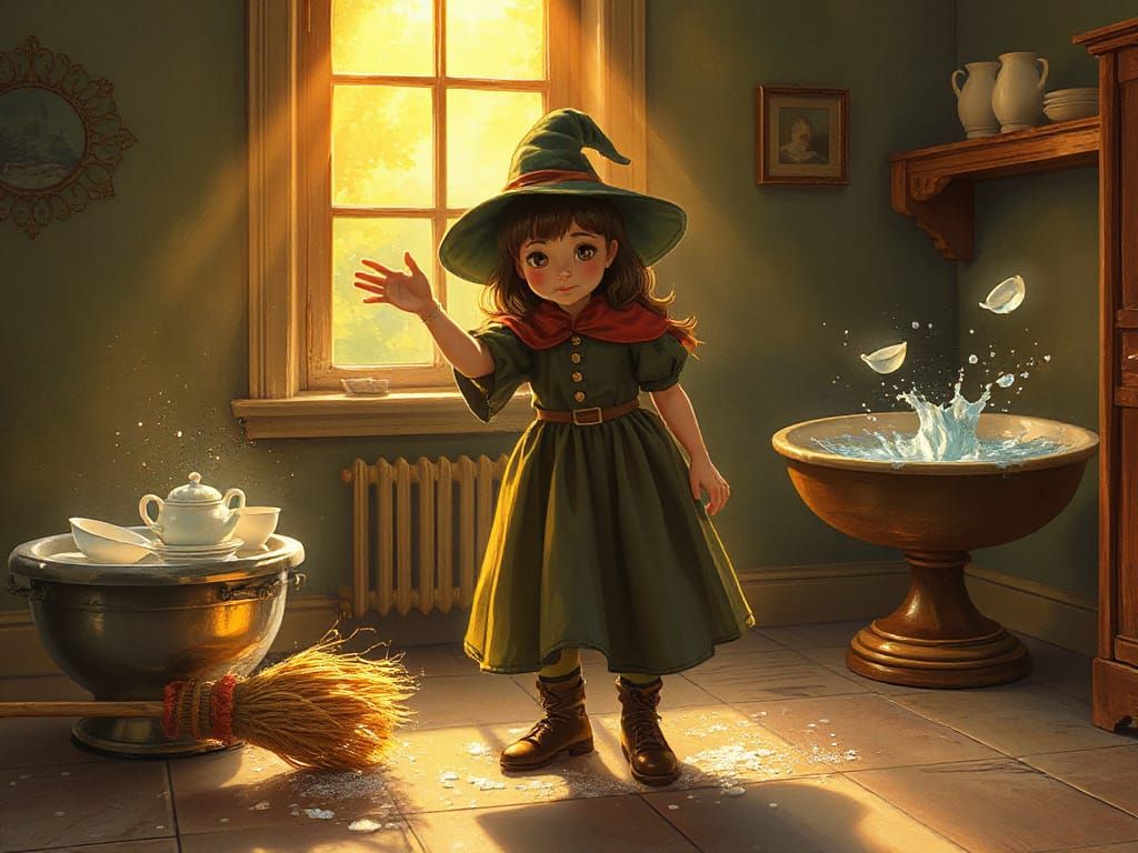 Magical Cleaning by Determined Young Witch in Fairy Tale Sty...