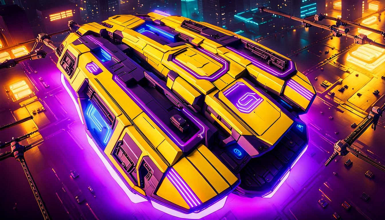 Cyberpunk Freighter in Neon Cityscape: Digital Art