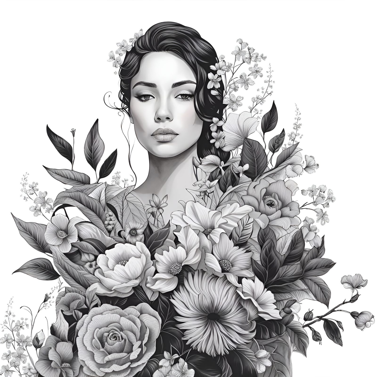 Intricate Floral Portrait in Black and White Ink