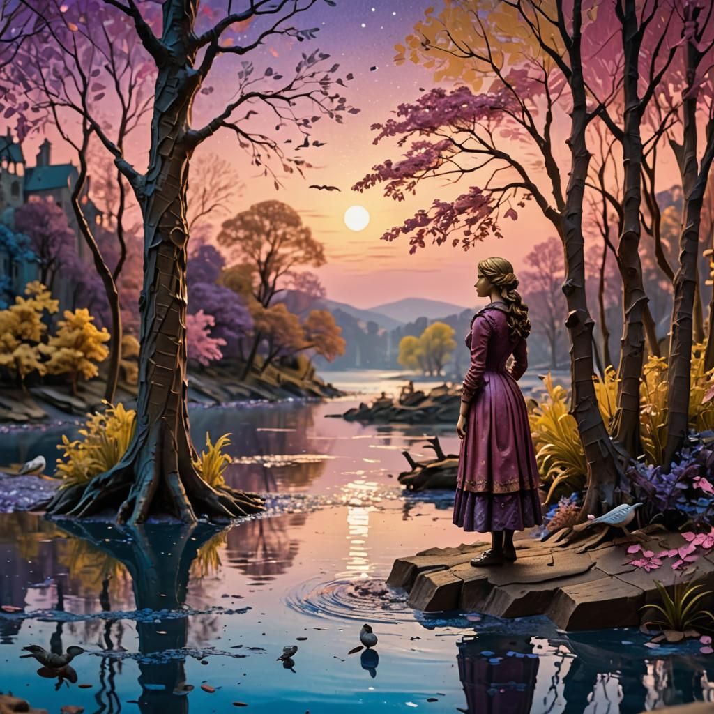 Diorama of Woman at Waters Edge in Impasto Style