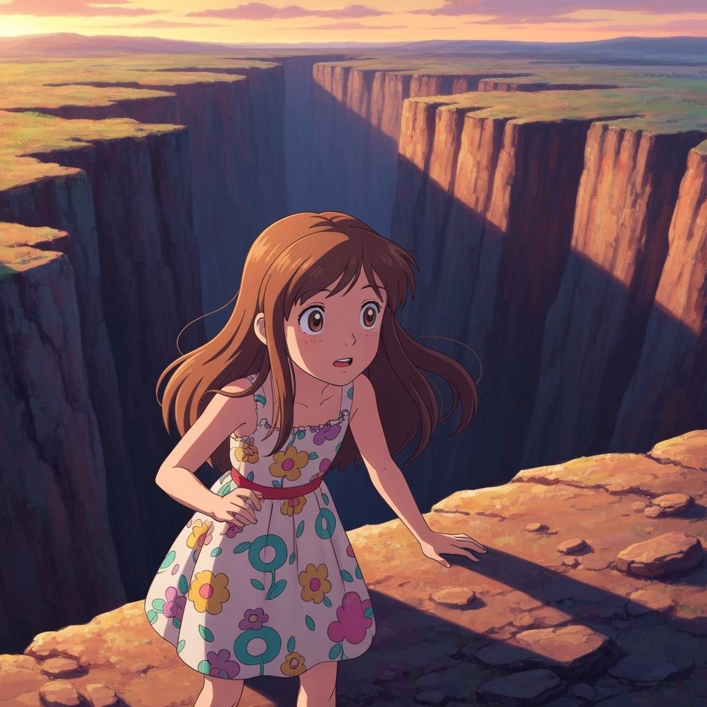 Girl at Gorge Edge in Whimsical Digital Art Style