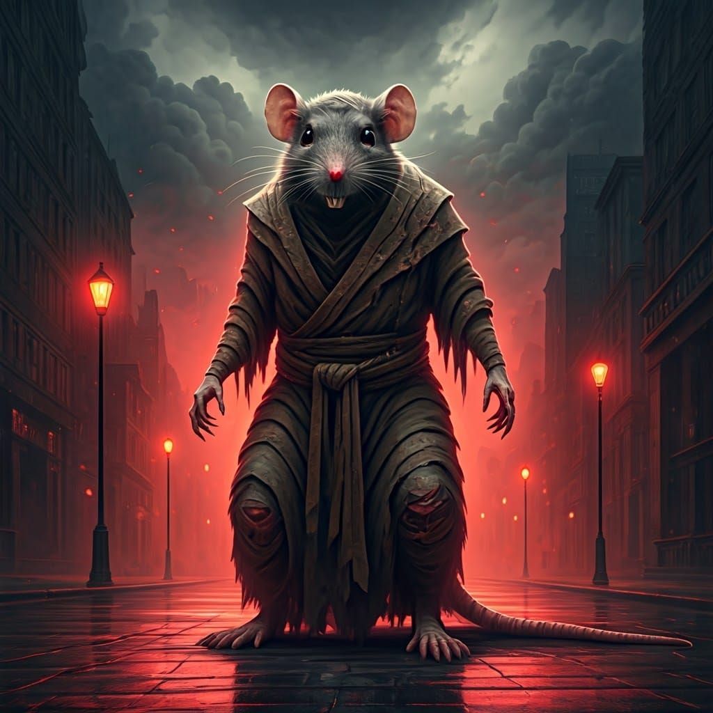 Zombie Rat Radiating Red Light in Dark City