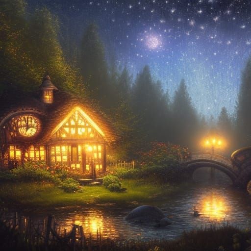 Gothic Cottagecore Fairy Cottage Under Starry Night