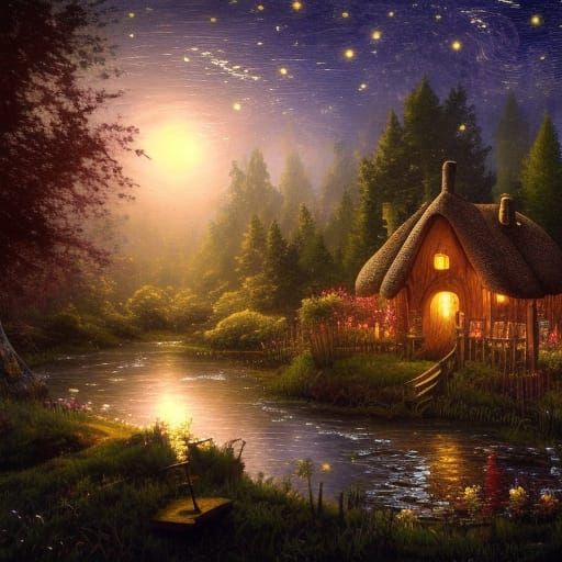 Enchanted Cottagecore Garden Under Starry Night Sky