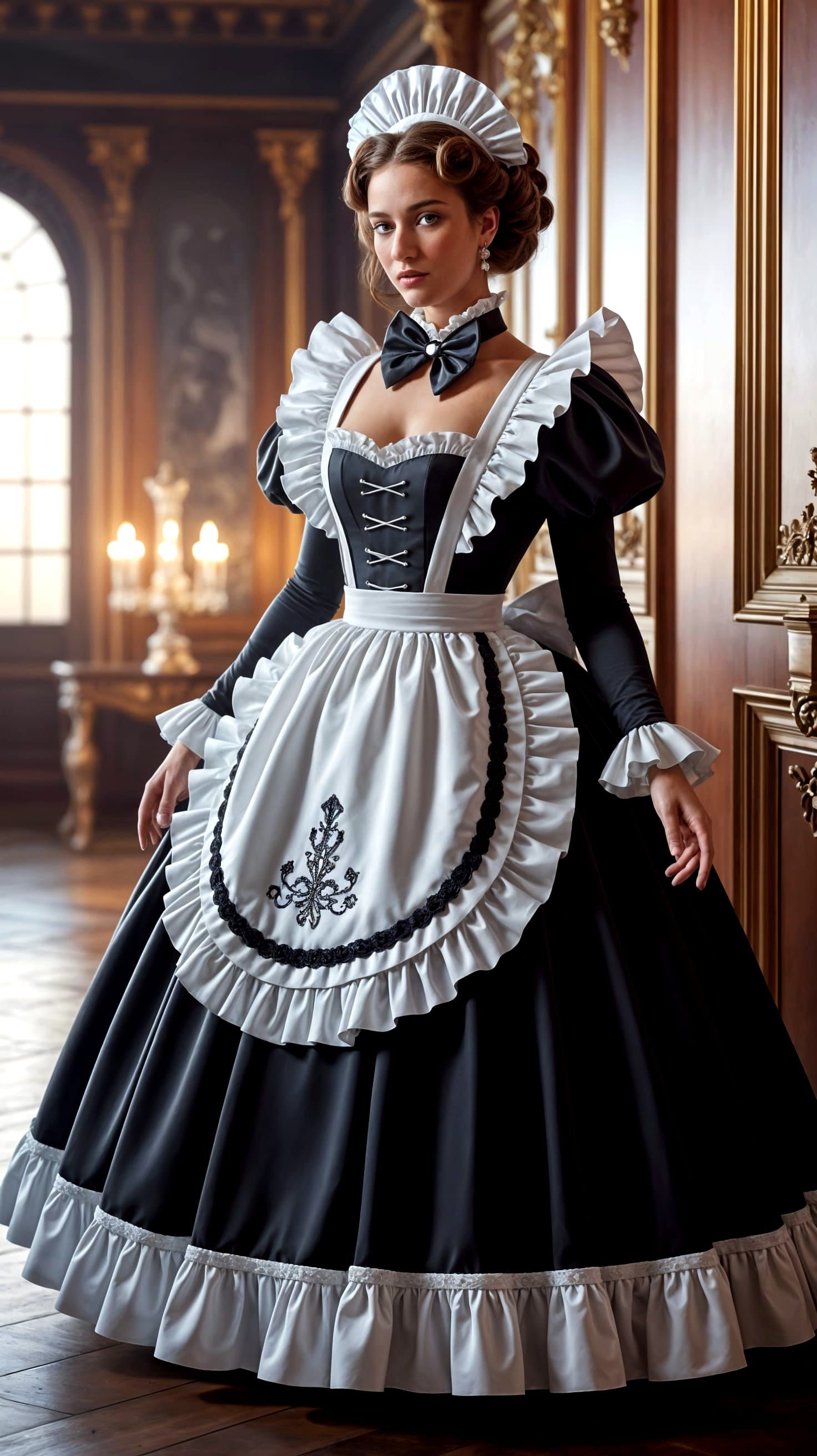 Elegant Woman in French Maid Uniform in Luxurious Castle