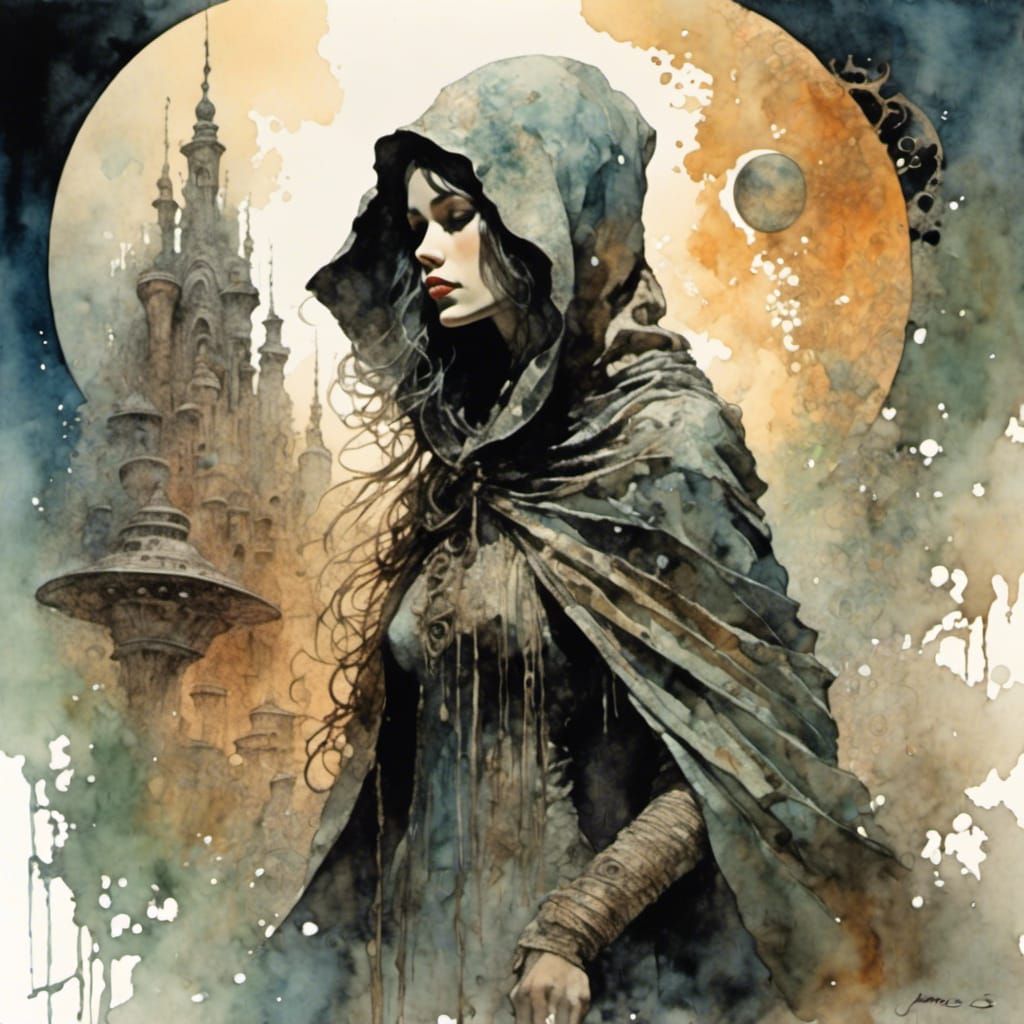 Girl in Hooded Cloak, Surreal Watercolor Painting