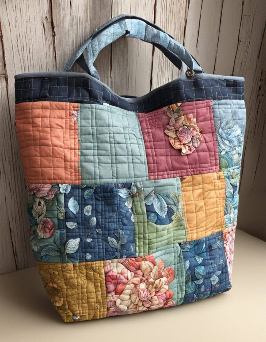 Boho Chic Quilted Tote Bag in Watercolor Ink Style