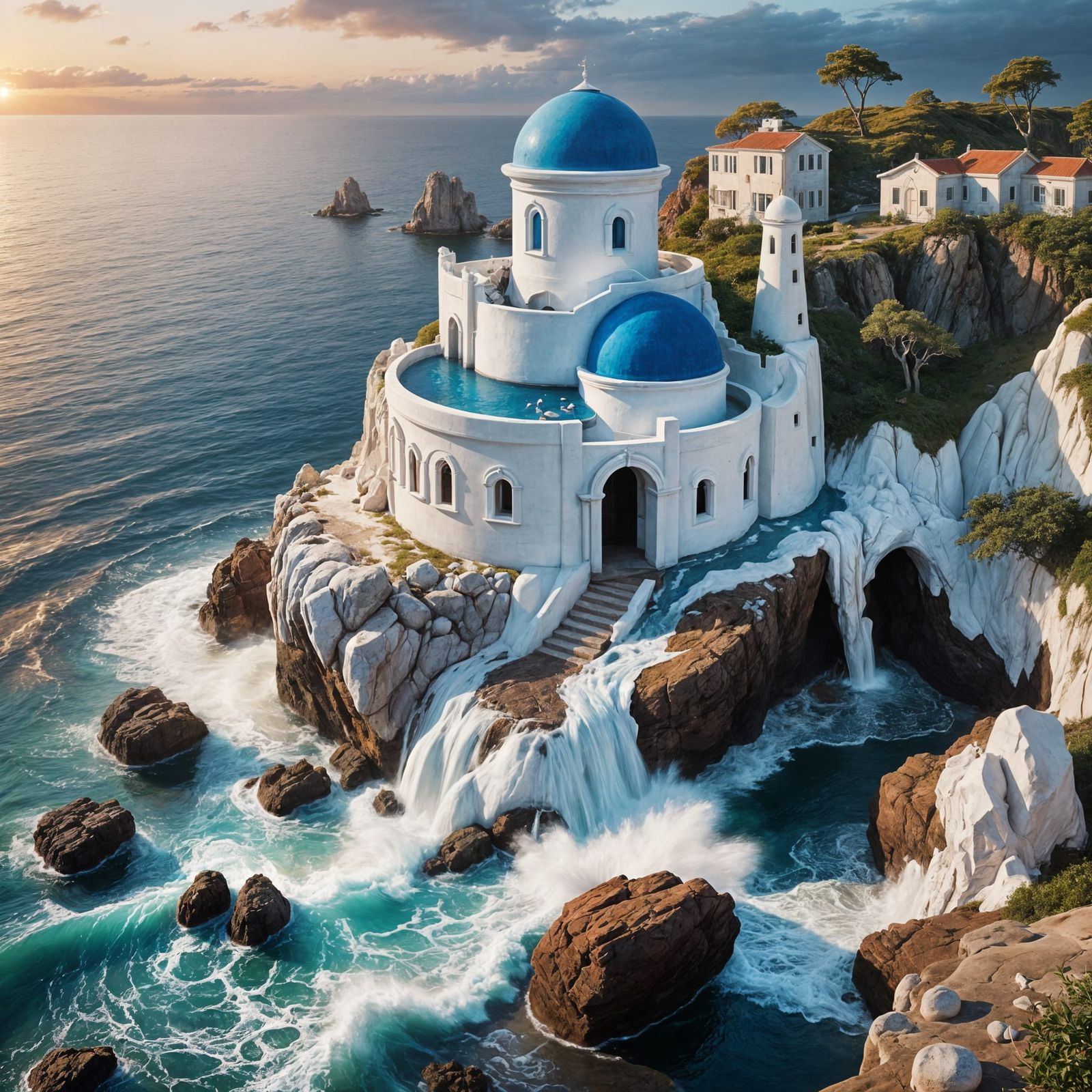 Magical Sunset Scene of White Building on Island