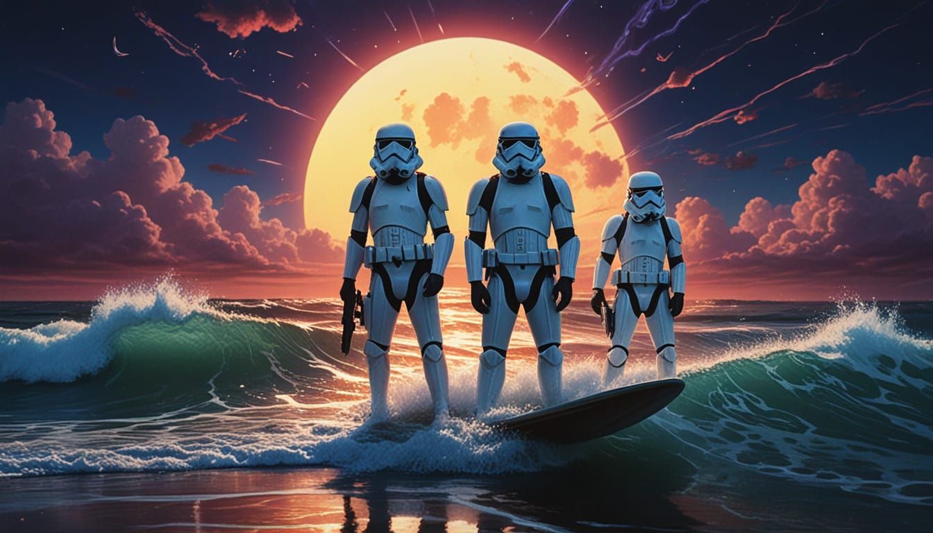 Stormtroopers Surfing Neon Ocean in Cyberpunk Candyland Styl...