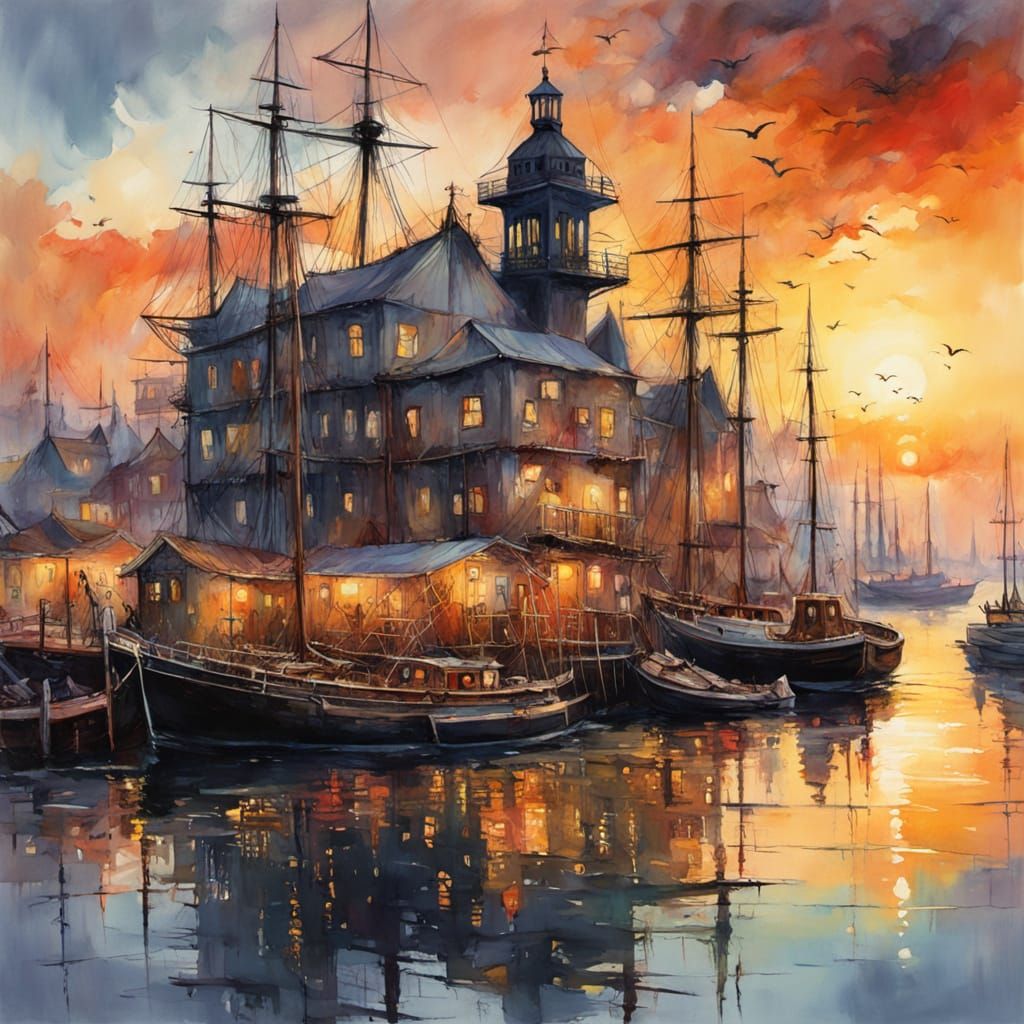 Dreamlike Harbour Scene Framed by Feather in Watercolor