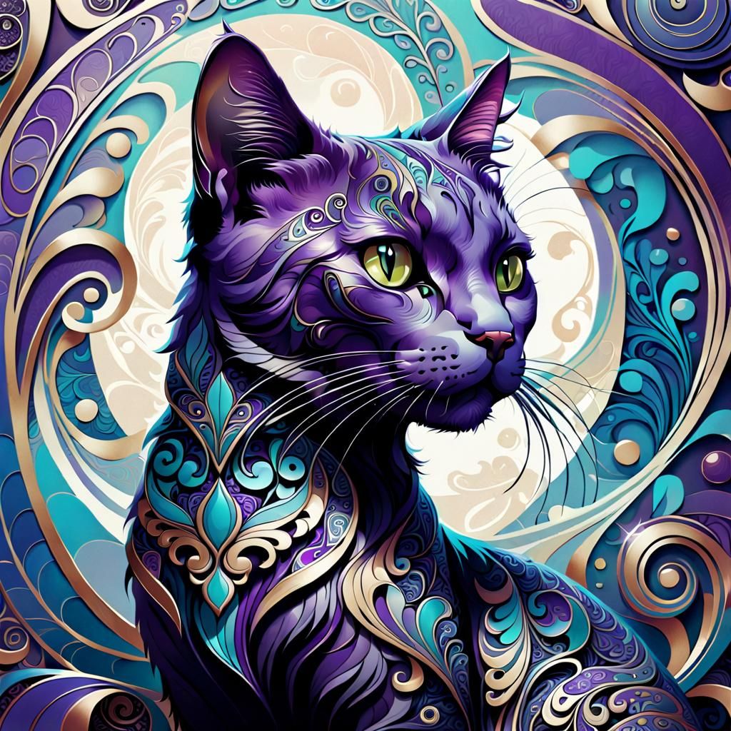 Art Nouveau Cat with Paisley Patterns
