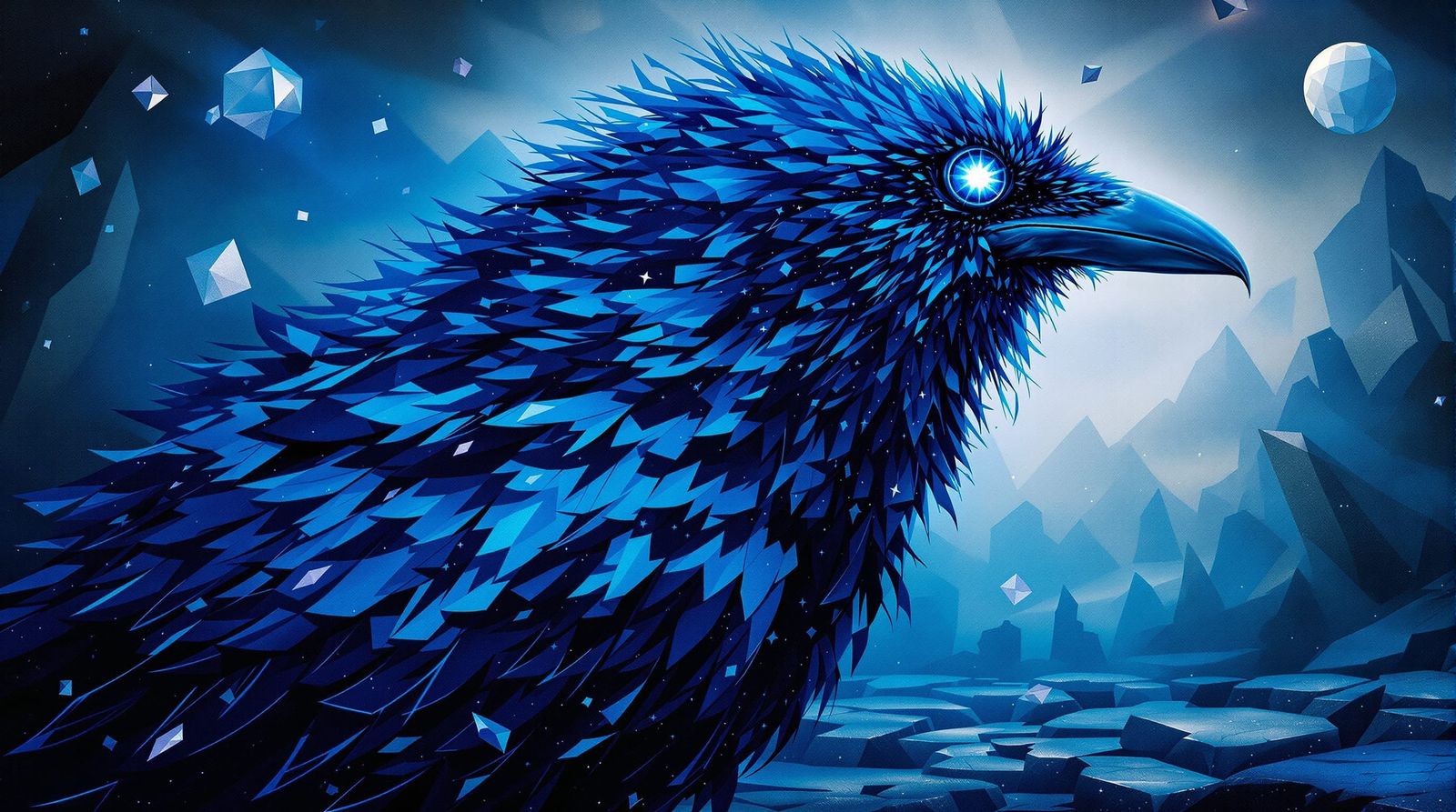 Surreal Blue Raven in Dreamlike Abstract Landscape