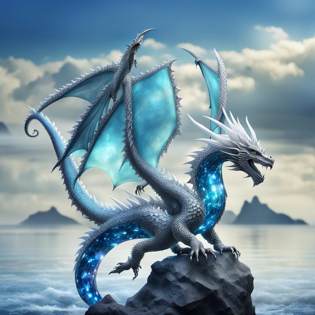 Crystal Dragon Flight Over the Ocean