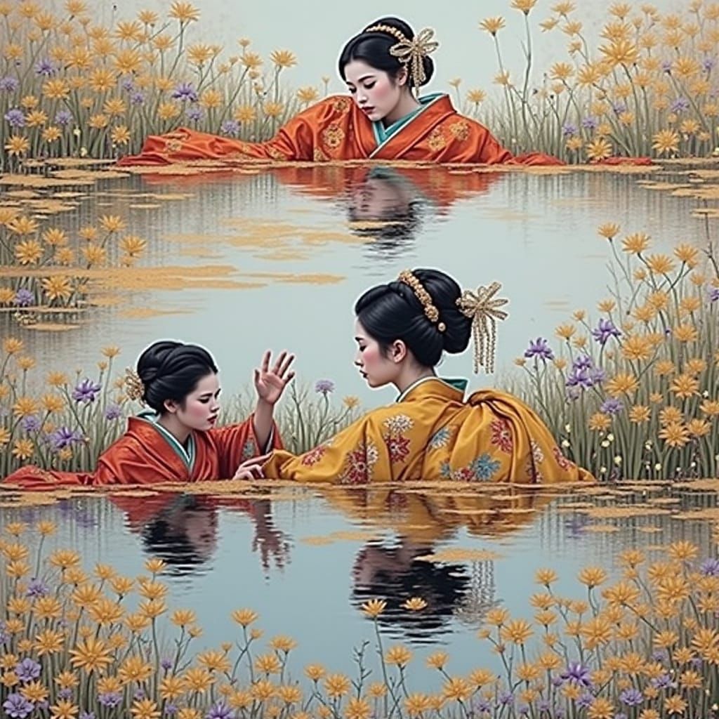 Geisha Portrait with Mirrored Reflection in Fantasy Art Styl...