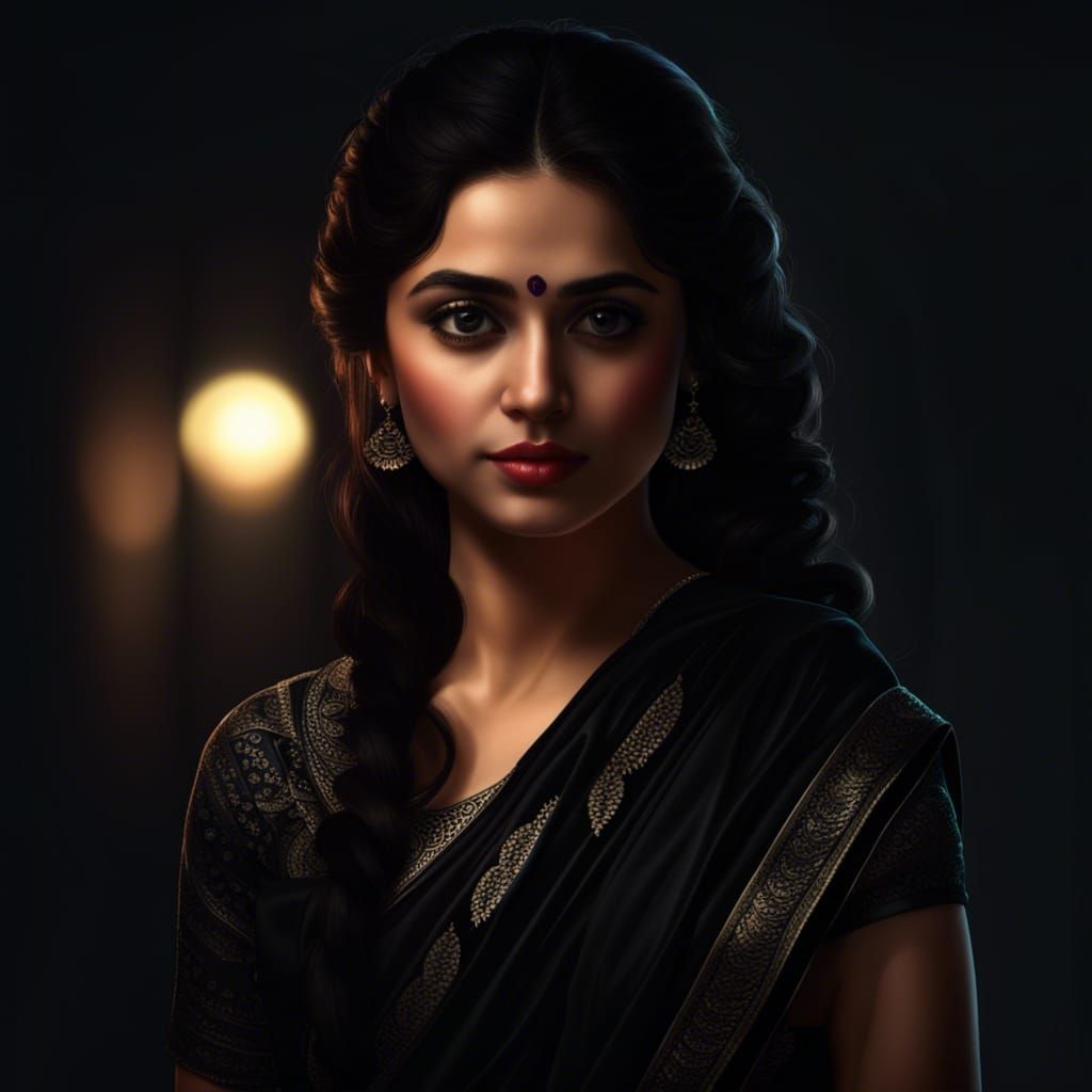 Beautiful Girl in Black Saree, Dark Realistic 8k