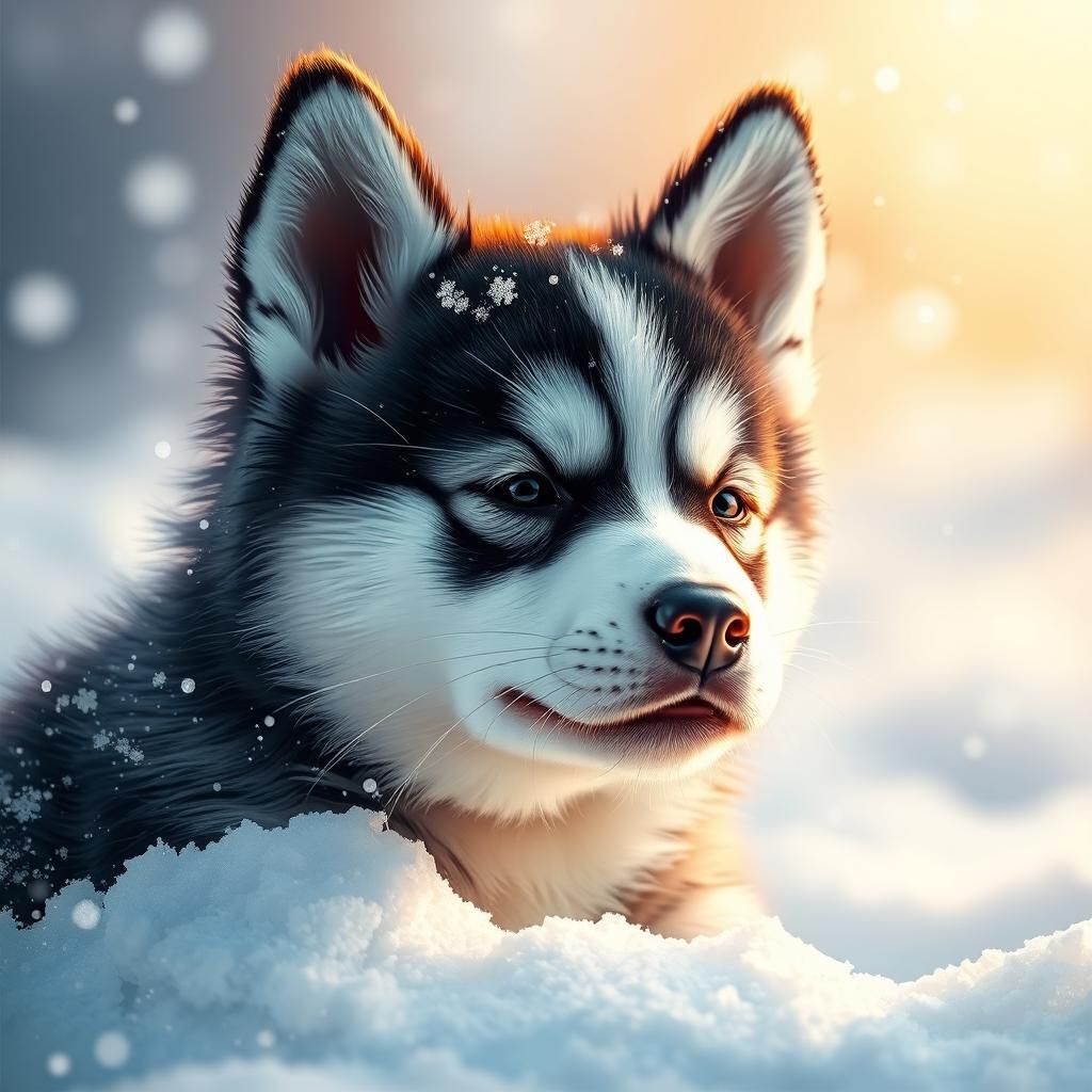 Hyperrealistic Husky Puppy in Snow