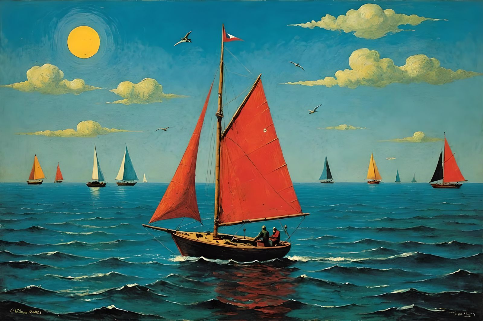 Surrealist Seascape with Sailing Boats in Oil