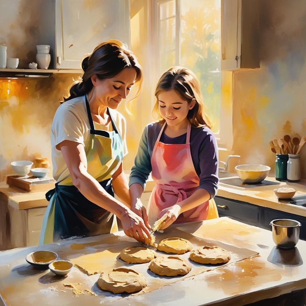 Mother and Daughter Baking: An Impressionist Painting