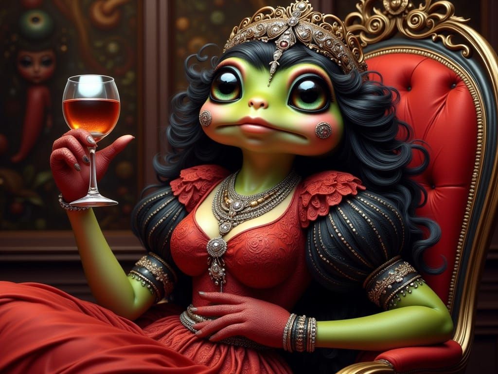 Glamorous Frog Diva in Velvet Recliner with Fine Wine