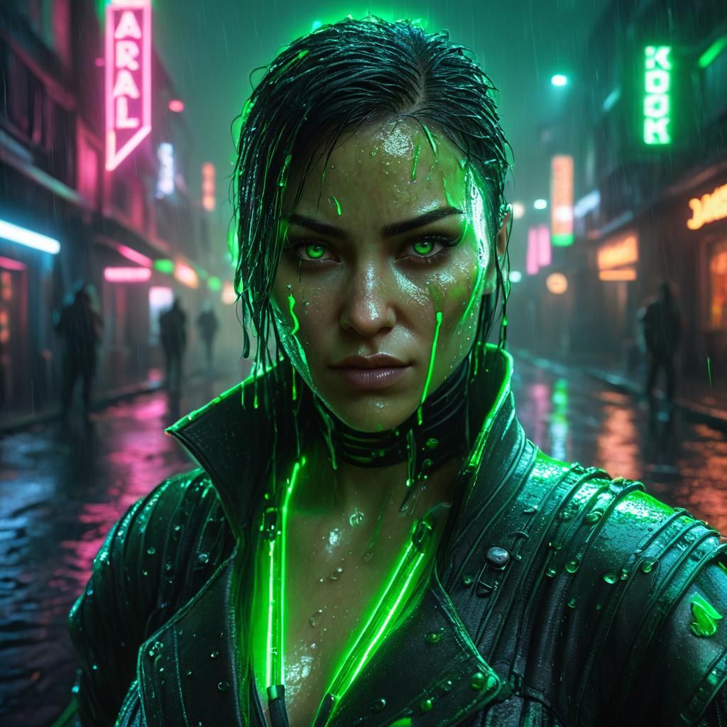 Cyberpunk Jade Unmasked in Neon Cityscape