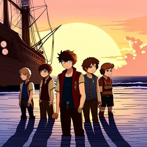 Goonies Anime Characters at Sunset on Pirate Ship