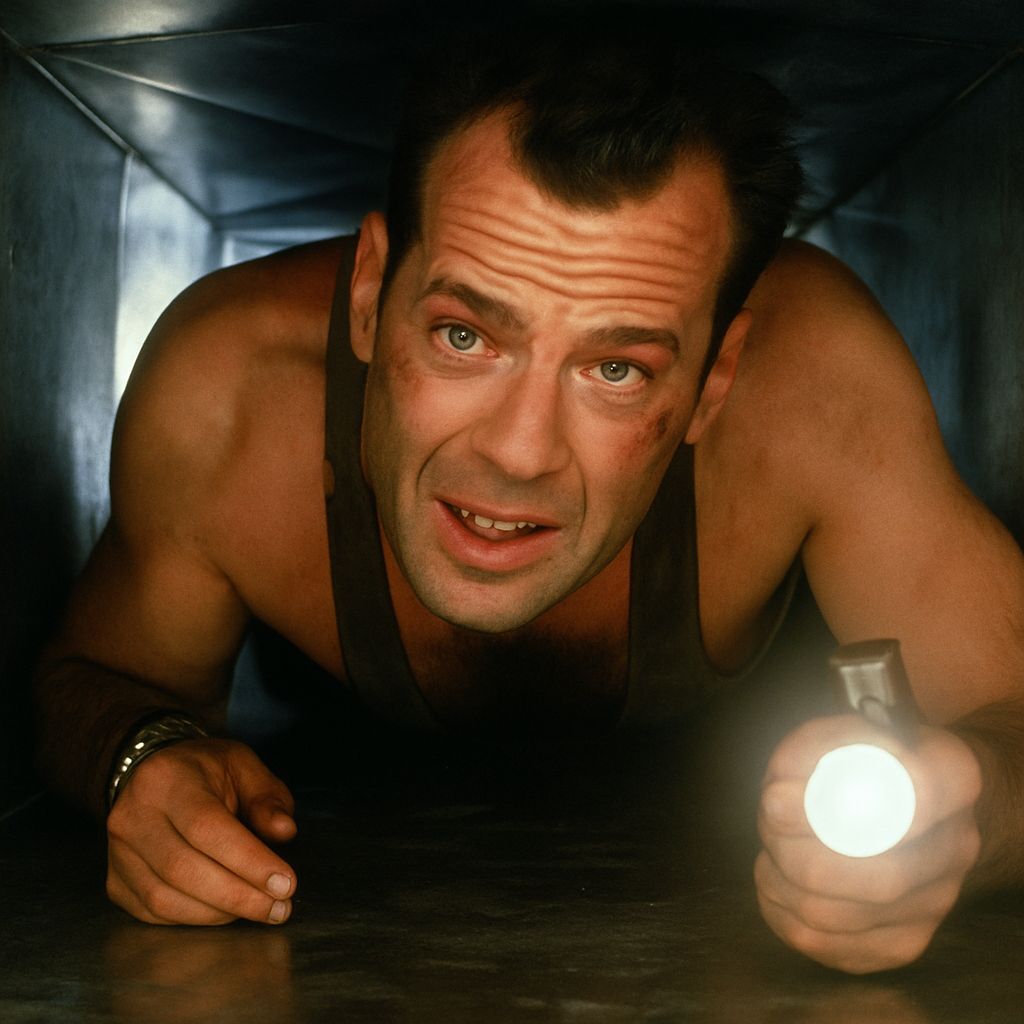 Bruce Willis crawling through a vent